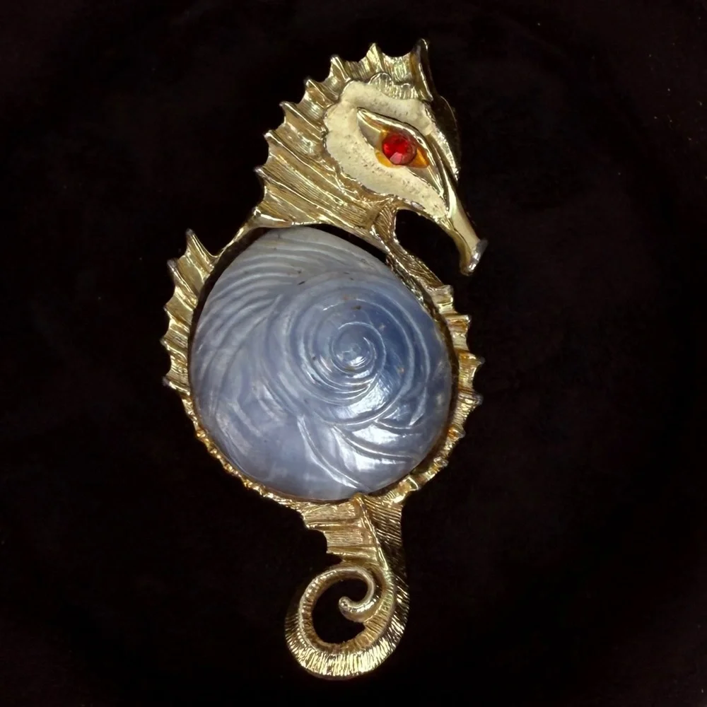 Vintage Goldtone Seahorse Brooch with Blue Swirl